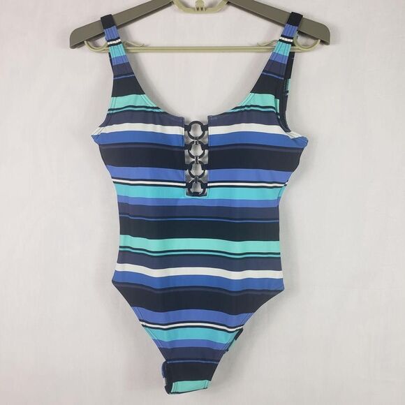 Michael Michael Kors Swimsuit Womens 8 Black Multi Stripe One Piece O-Ring - Picture 1 of 13